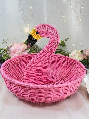 Ciroa Hello Summer Pink Wicker Tropical Flaming Round Serving Basket New RARE